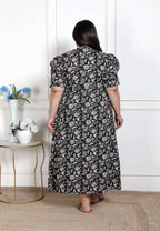 Miravan Women's Plus Size Pleated Puff Sleeve Floral Pure Cotton Black And White Butterfly Maxi Dress | Grocsy