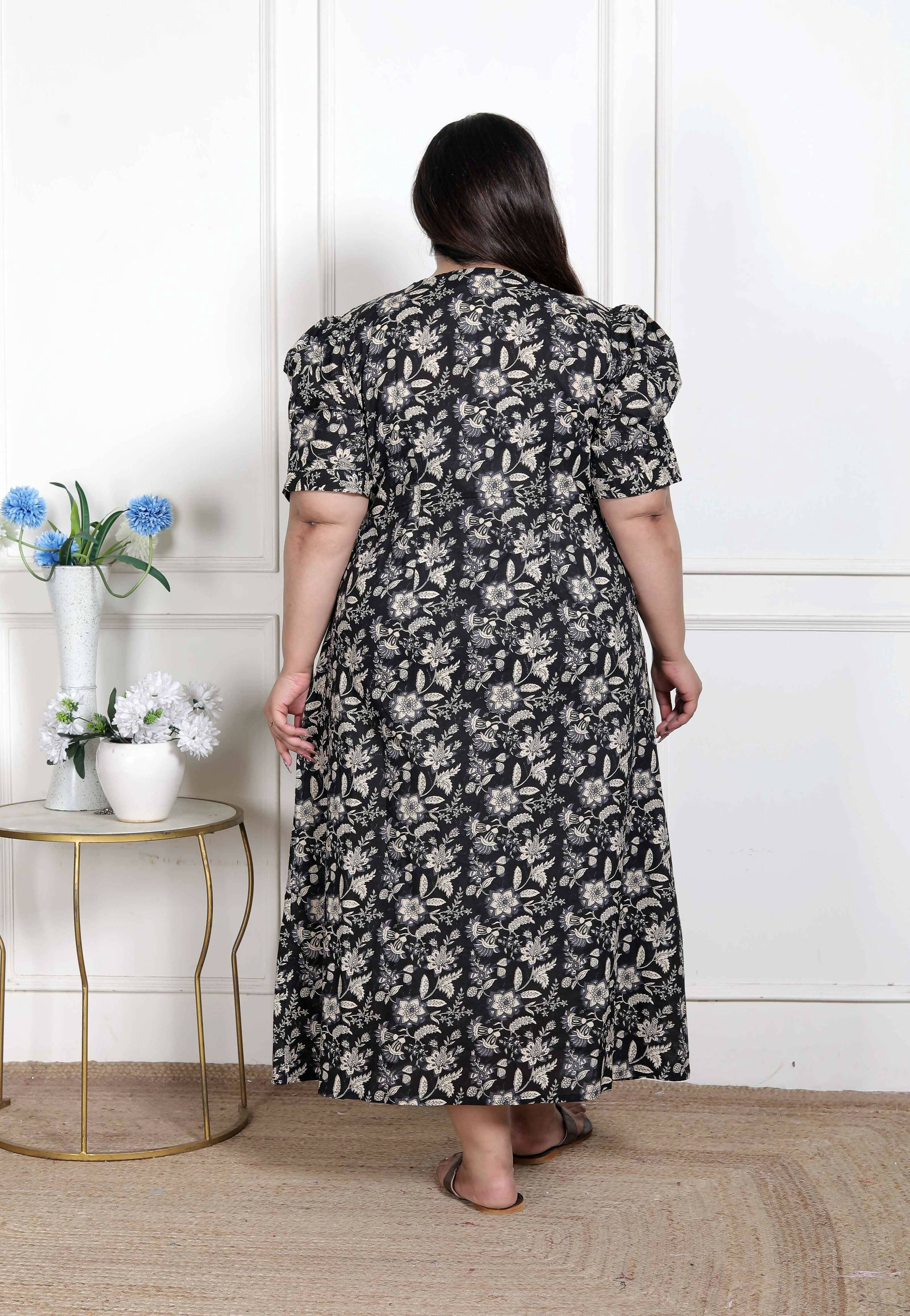 Miravan Women's Plus Size Pleated Puff Sleeve Floral Pure Cotton Black And White Butterfly Maxi Dress | Grocsy