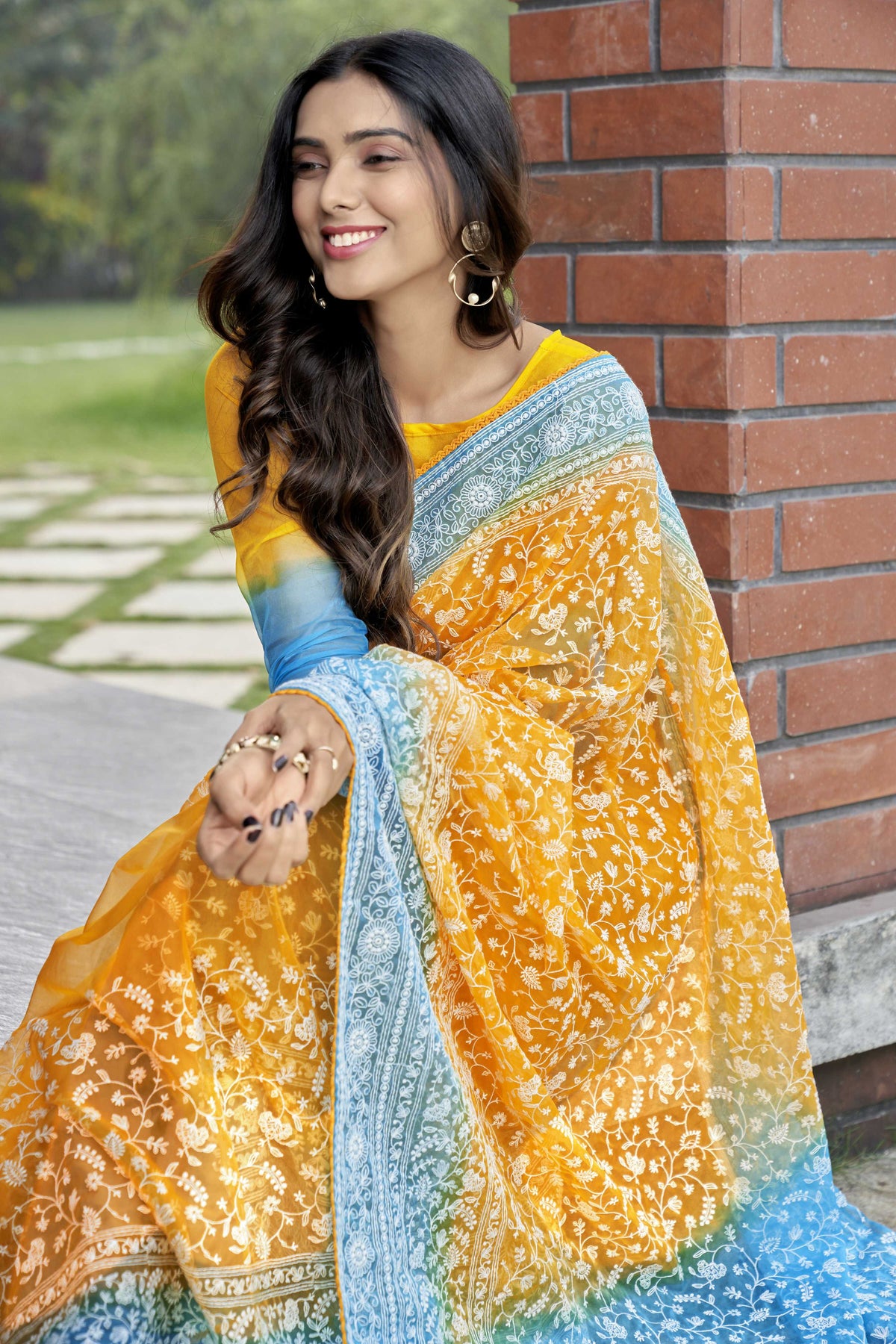 Vamsee Srivani Chikankari Yellow Organza Silk Saree | Grocsy