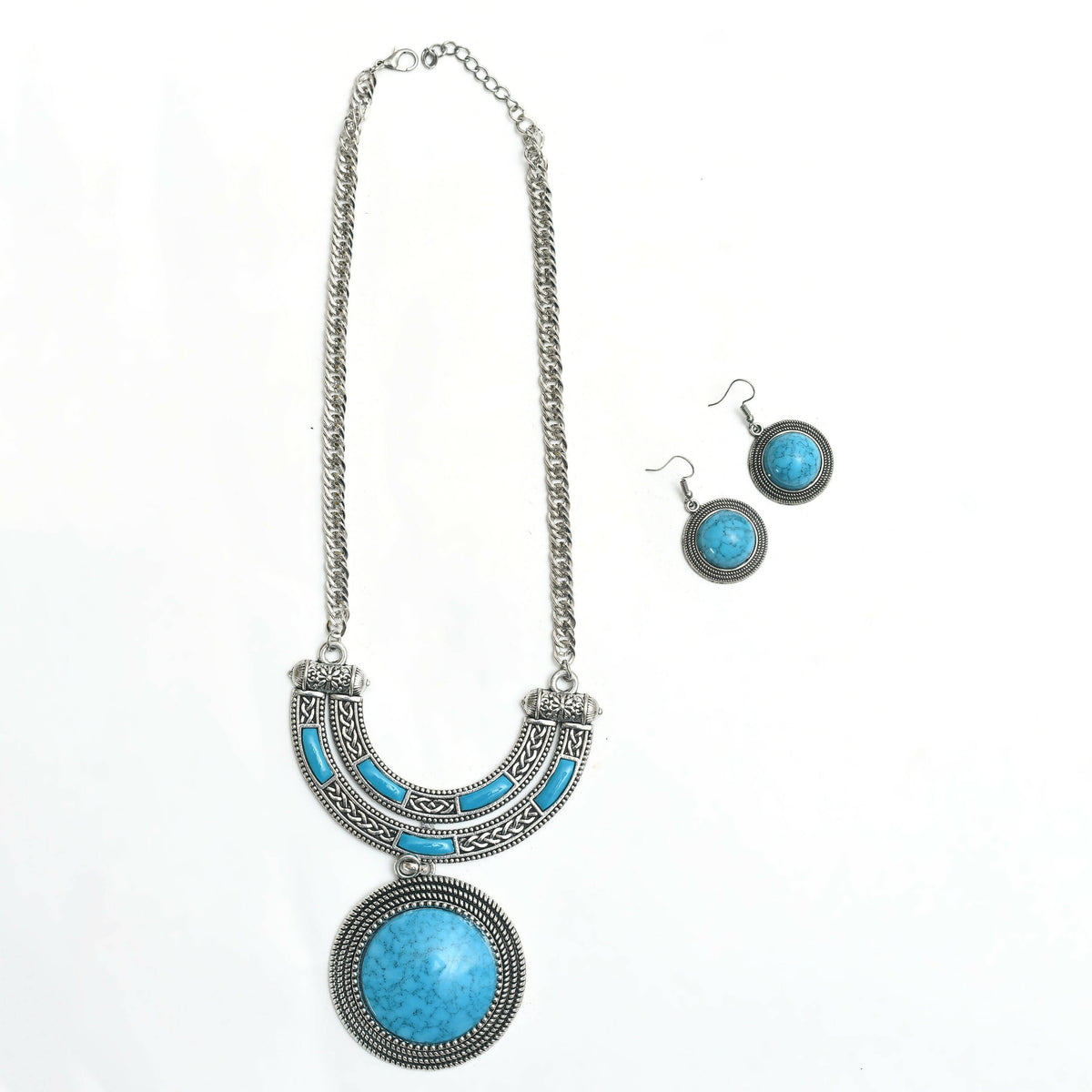 Mominos Fashion Johar Kamal Oxidised Silver-Plated Stone Work Long Necklace Handicraft Sky Blue | Grocsy