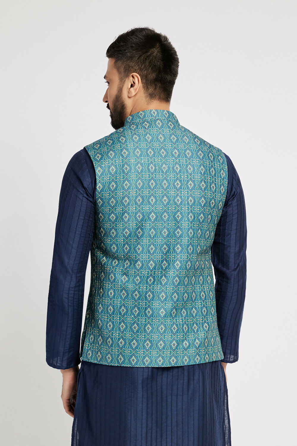 Ethnic India Indigo Blue Bundi Men's Jacket Geometric Polyester | Grocsy