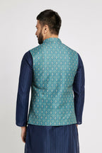 Ethnic India Indigo Blue Bundi Men's Jacket Geometric Polyester | Grocsy