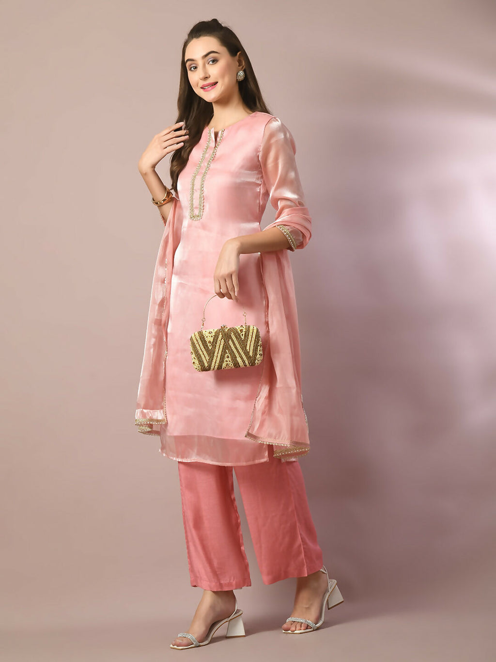 Myshka Women's Pink Solid Straight Party Kurta Set With Dupatta | Grocsy