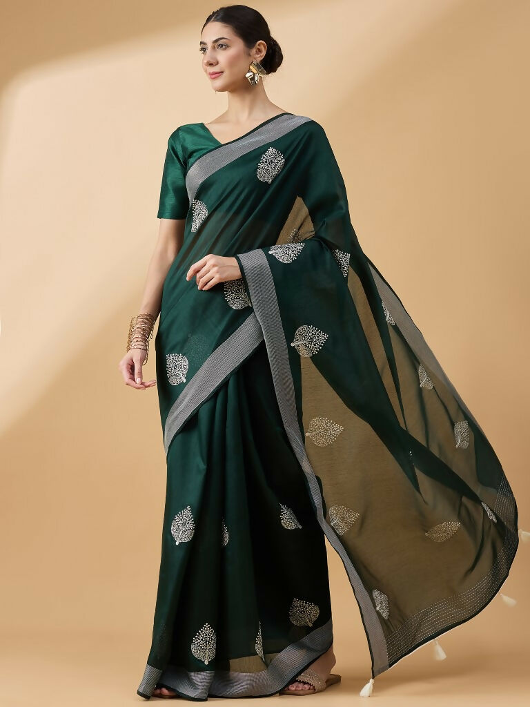Green Cotton Blend Thread Embroidered Saree with Unstitched Blouse - Satya | Grocsy