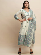 White And Blue Pure Cotton Floral Printed Anarkali Kurta And Bottom With Dupatta - Akashara | Grocsy