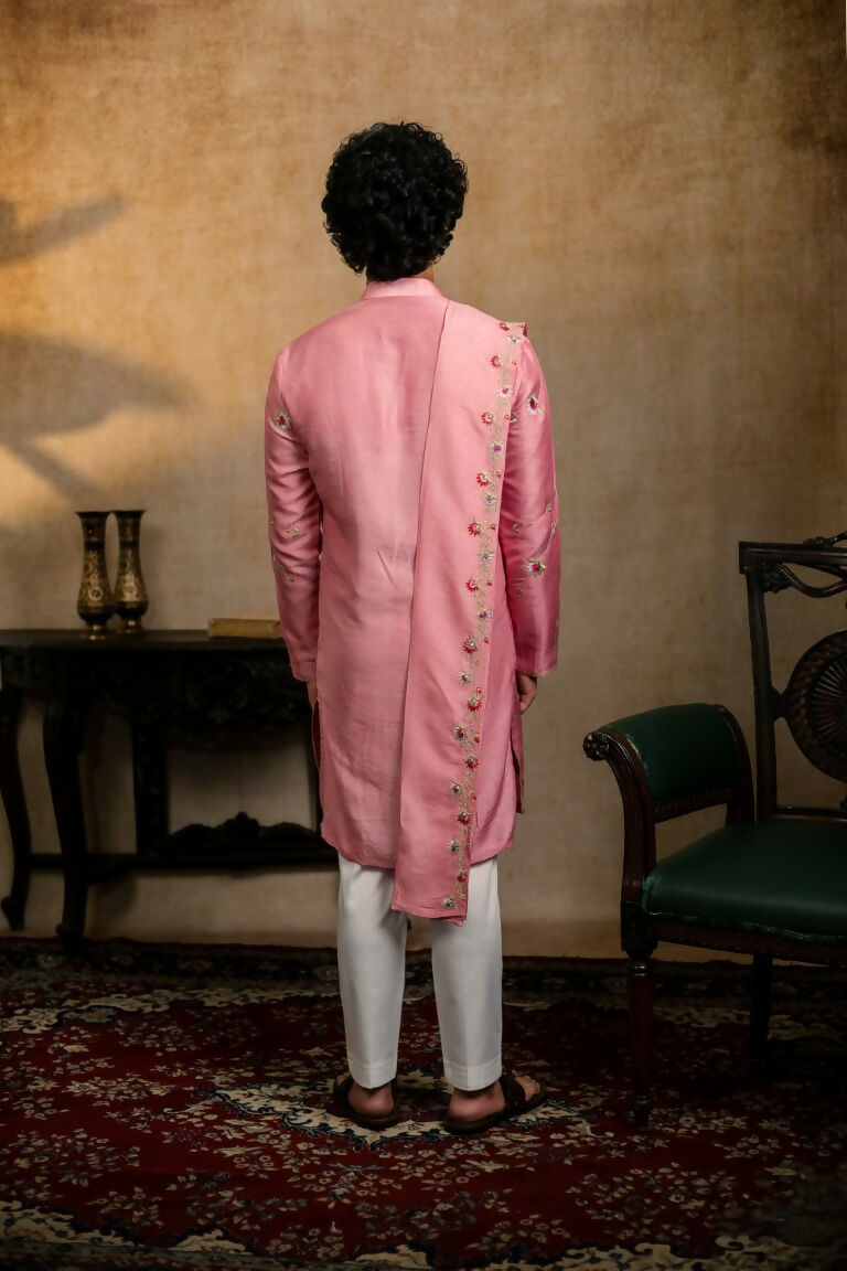 Falling Raw Silk Pink Gulab Pakshi Kurta Set By Hilo Design | Grocsy