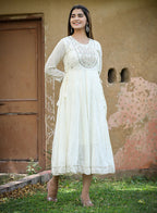 Kaajh Women's White Floral Embroidered Cotton Ethnic Dress | Grocsy