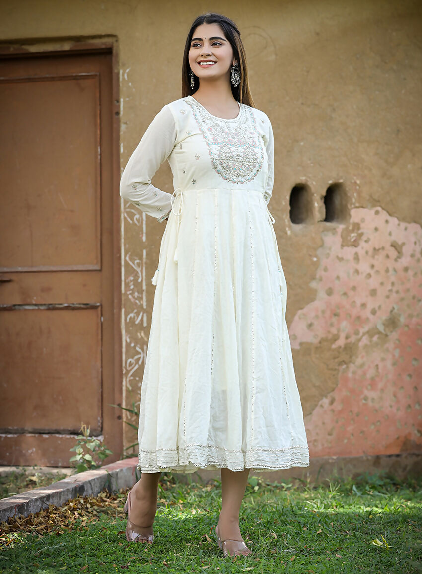 Kaajh Women's White Floral Embroidered Cotton Ethnic Dress | Grocsy