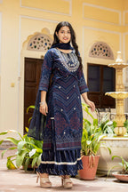 Kaajh Women's Navy Blue Embroidered Cotton Kurta Sharara Set With Dupatta | Grocsy