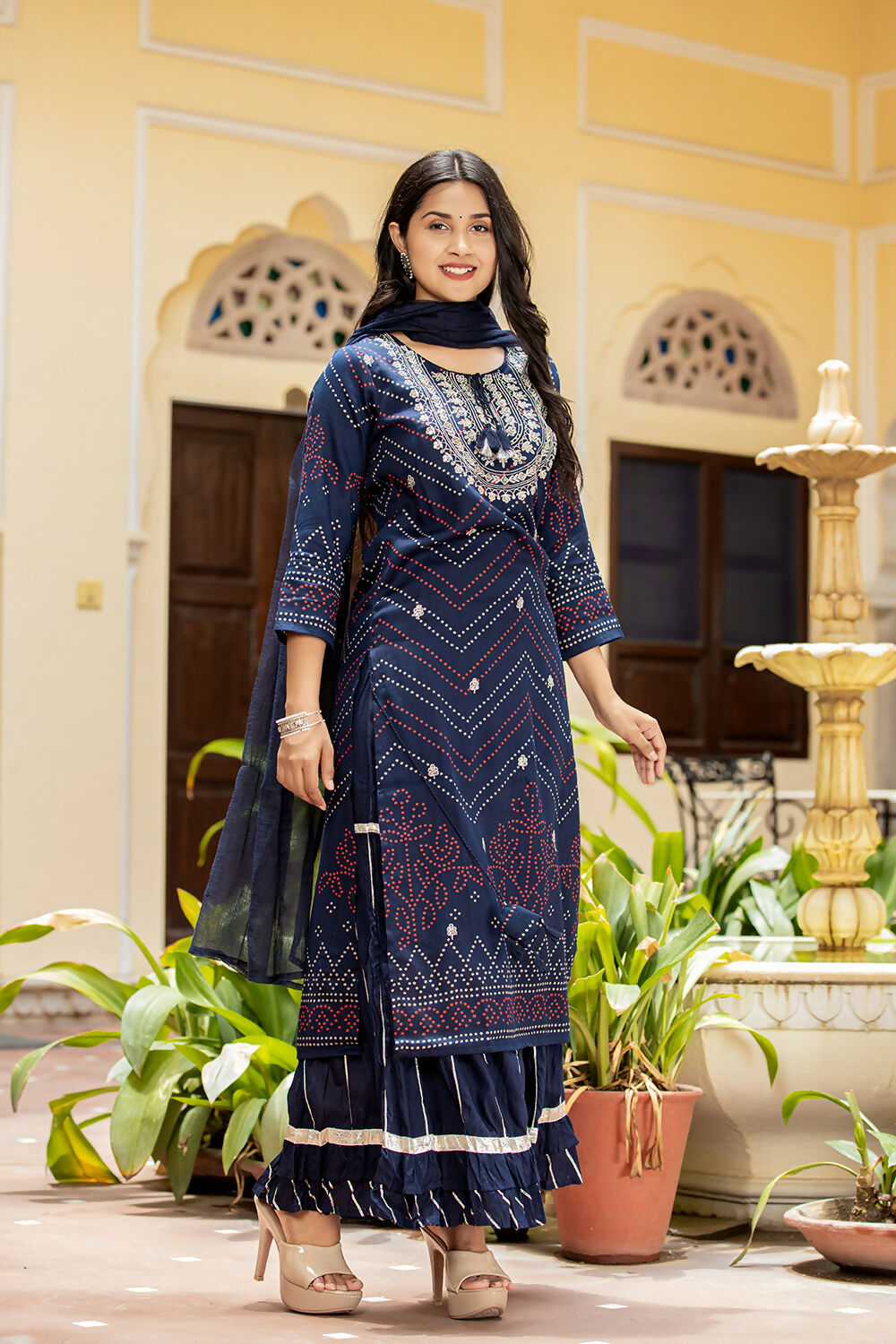 Kaajh Women's Navy Blue Embroidered Cotton Kurta Sharara Set With Dupatta | Grocsy