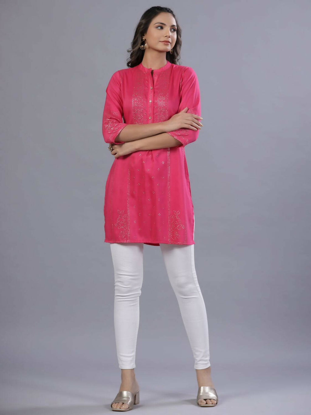 Juniper Women Fuchsia Chinon Silk Mukesh Work Straight Tunic | Grocsy