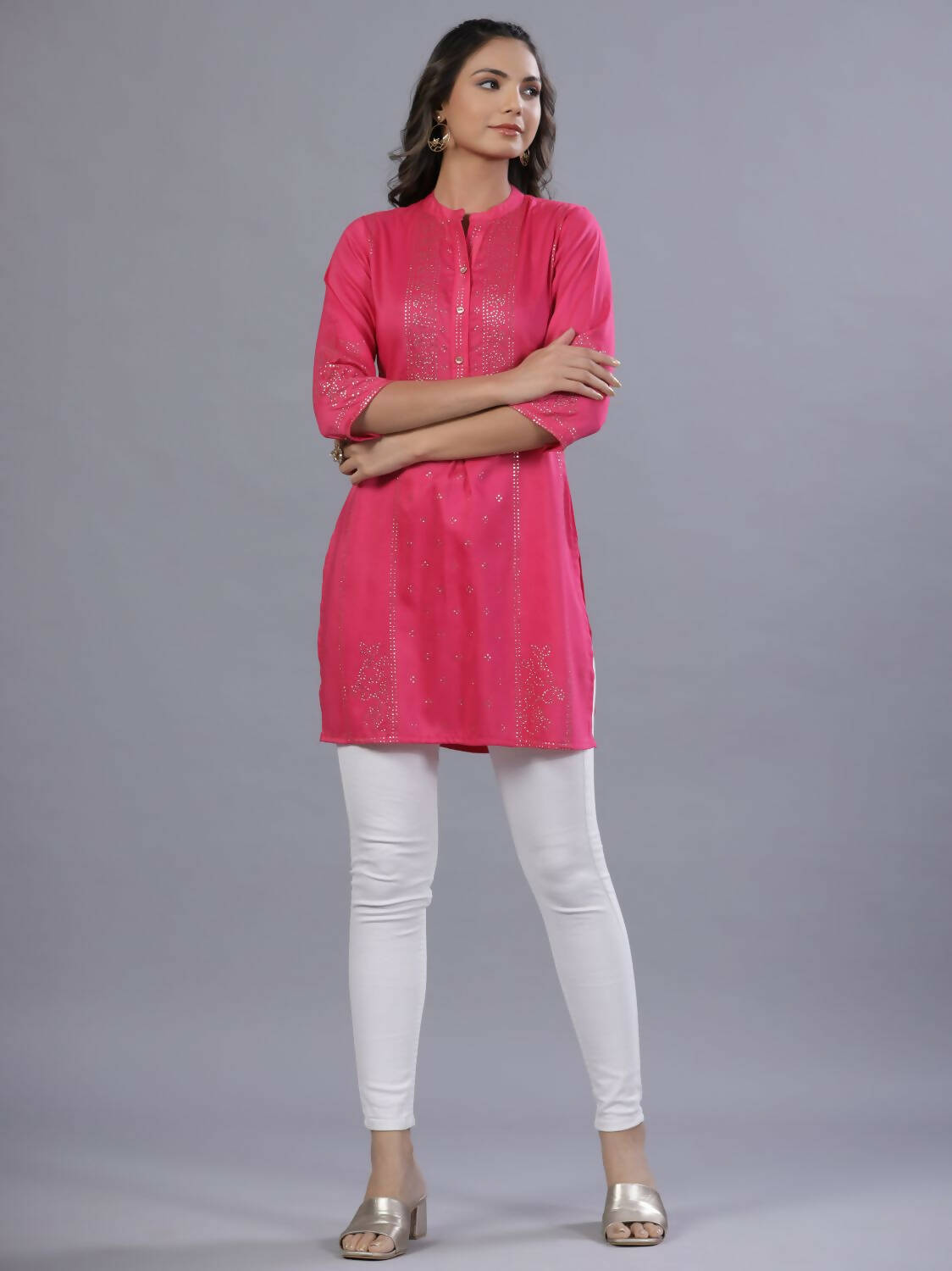 Juniper Women Fuchsia Chinon Silk Mukesh Work Straight Tunic | Grocsy