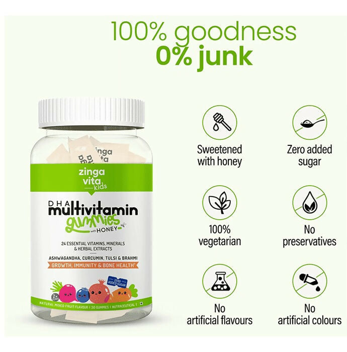 Zingavita DHA Multivitamin Gummies with Honey for Kids (2+ yrs) - Mixed Fruit | Grocsy