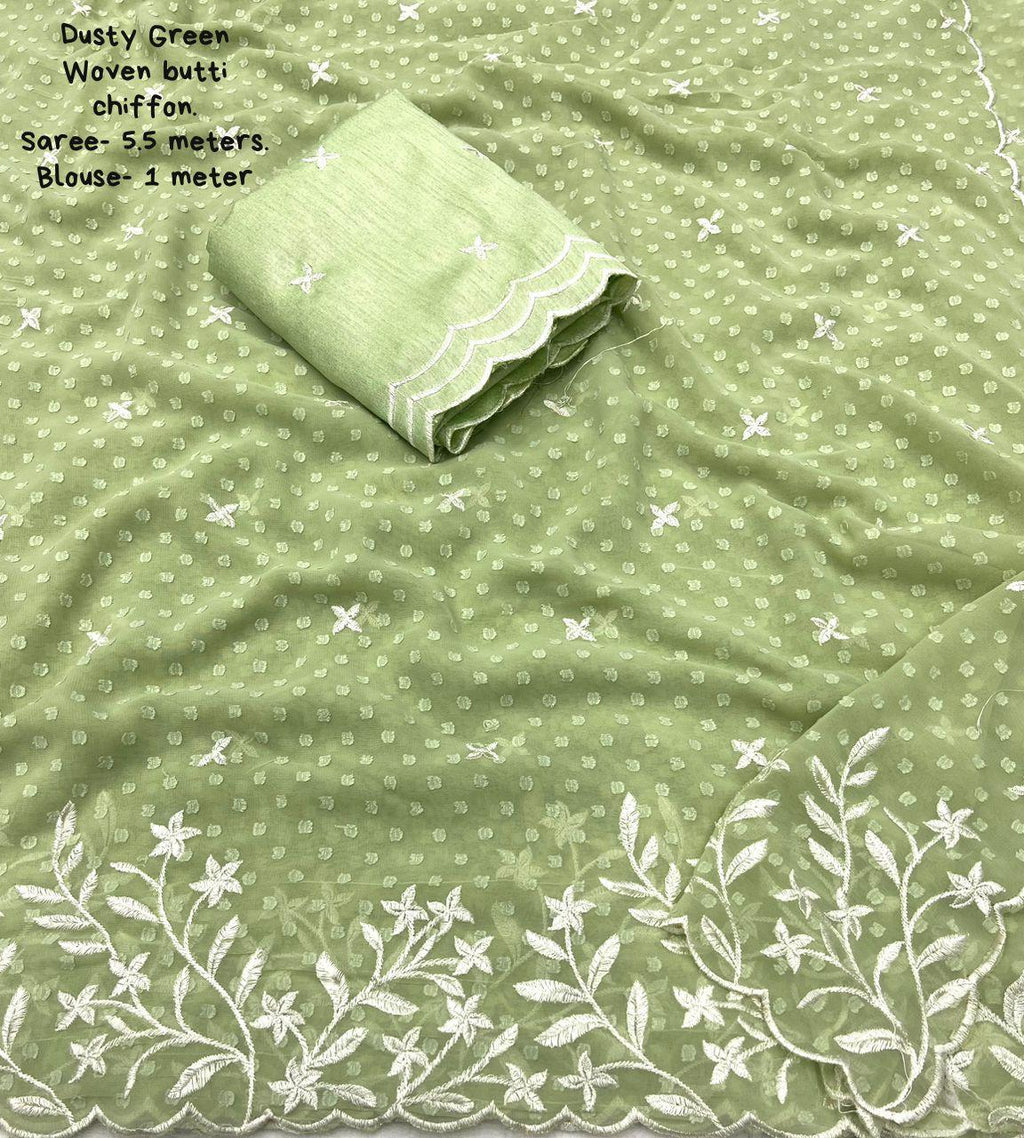 Green Pure Chiffon Woven Design Saree with Unstitched Blouse - A2M | Grocsy