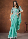 Aqua Blue Crepe Satin Silk Embroidered Saree with stitched Blouse - Mohmanthan Saha Saki | Grocsy