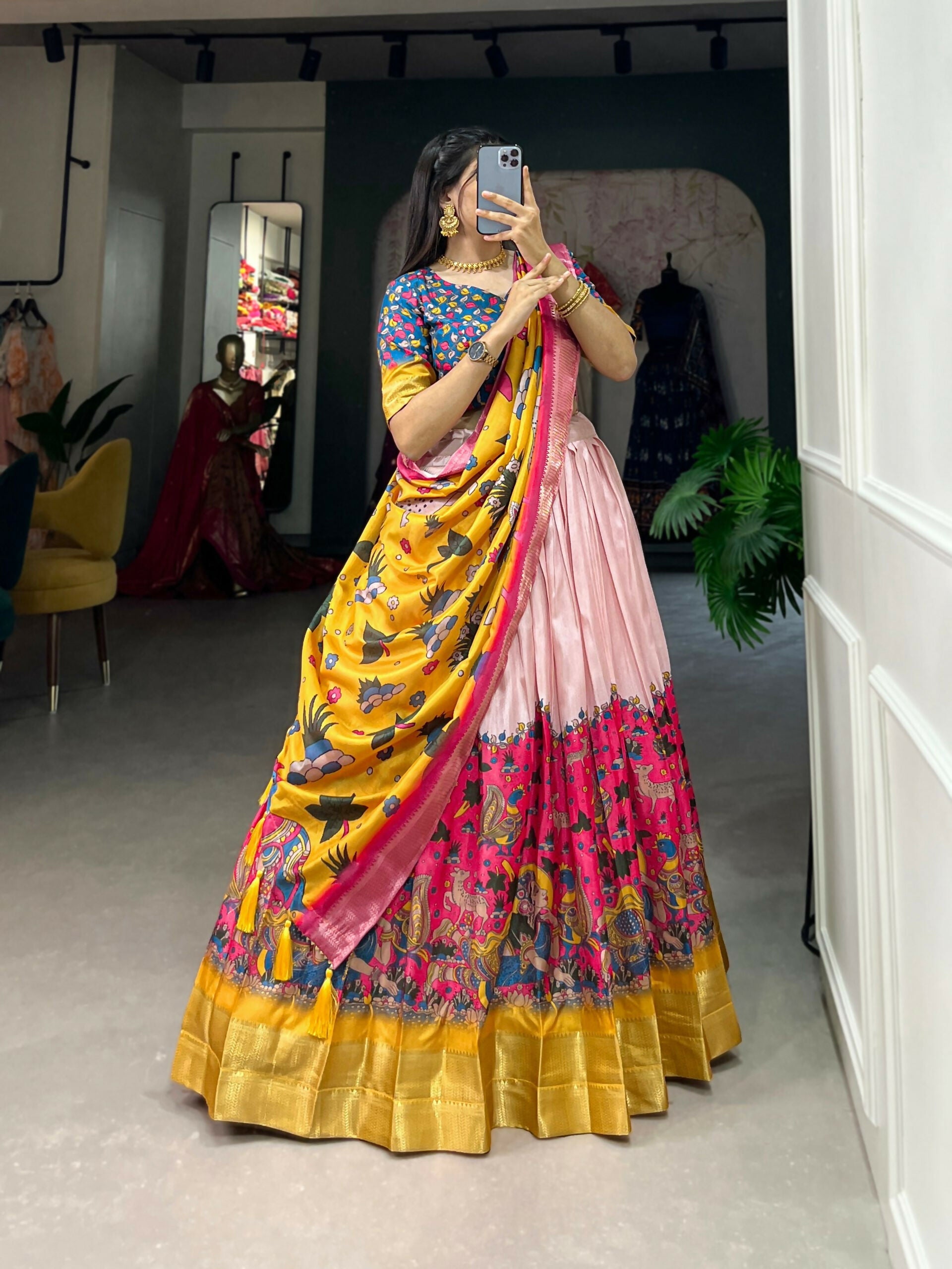 Vastranavya Kalamkari Print With Weaving Border Lehenga with Unstitched Blouse - Pink | Grocsy