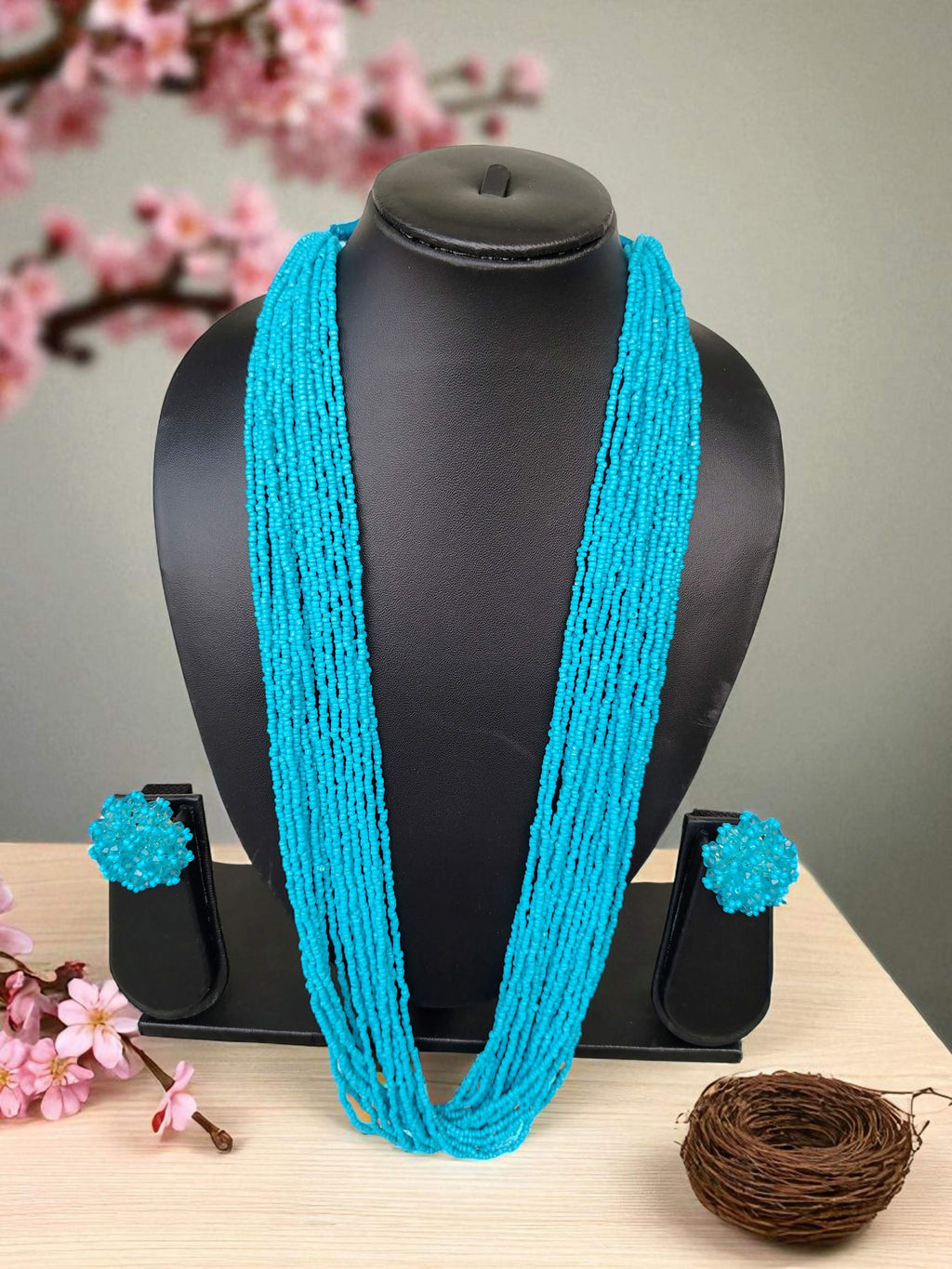 Inhanns Rangsaaz 20-Layer Luxe Long Beaded Necklace (With Optional Statement Earrings) - Sky Blue With Earring | Grocsy