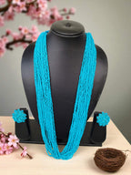 Inhanns Rangsaaz 20-Layer Luxe Long Beaded Necklace (With Optional Statement Earrings) - Sky Blue With Earring | Grocsy