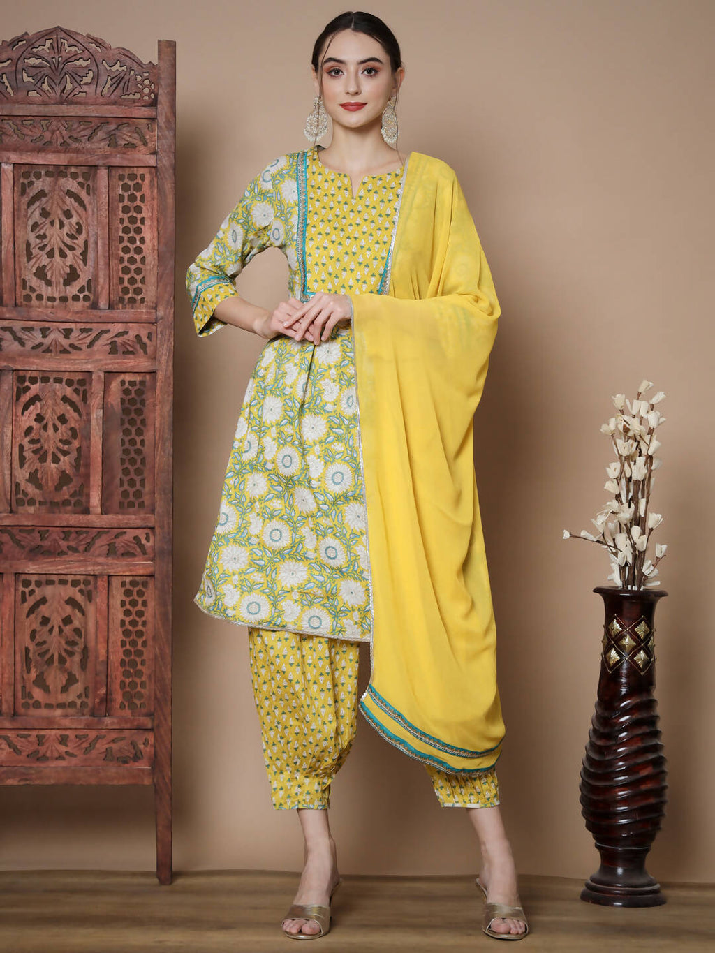 Myshka Women's Yellow A-Line Kurta & Salwar With Dupatta | Grocsy