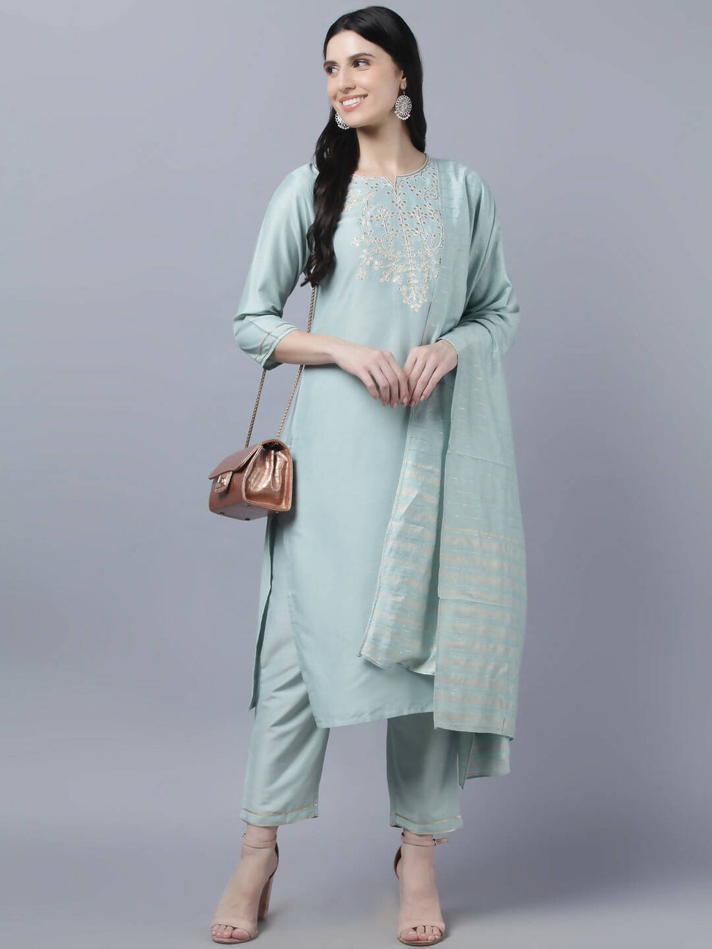 Myshka Women Grey Yoke Design Gotta Patti Kurta with Trousers Dupatta Set | Grocsy