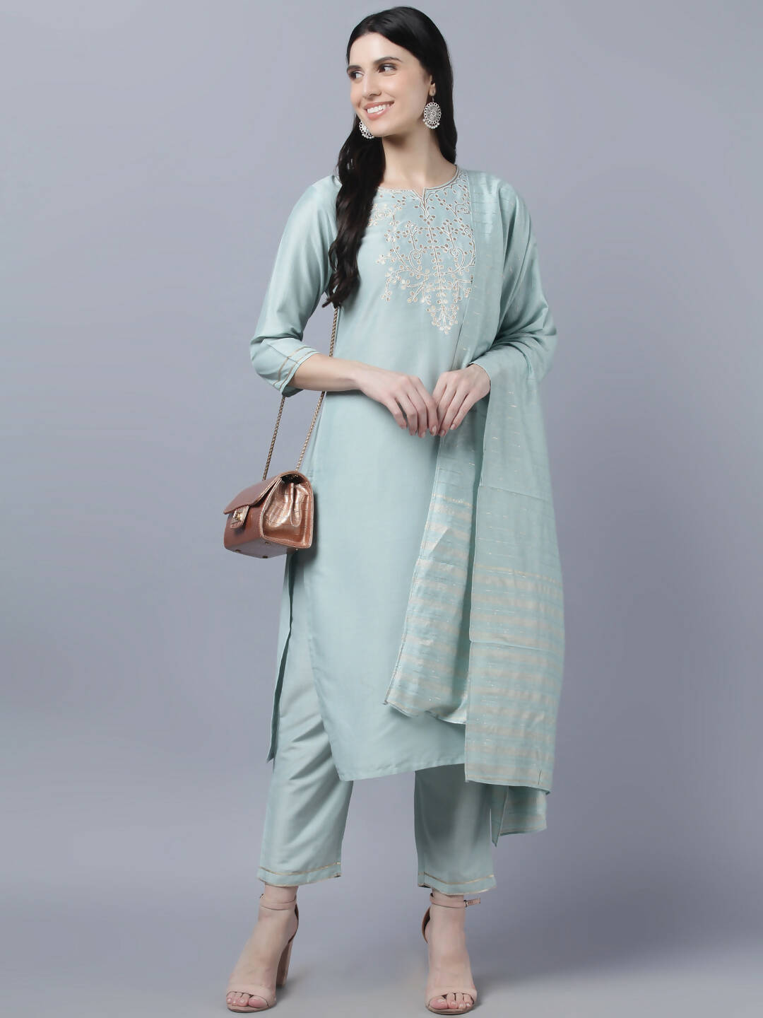 Myshka Women Grey Yoke Design Gotta Patti Kurta with Trousers Dupatta Set | Grocsy