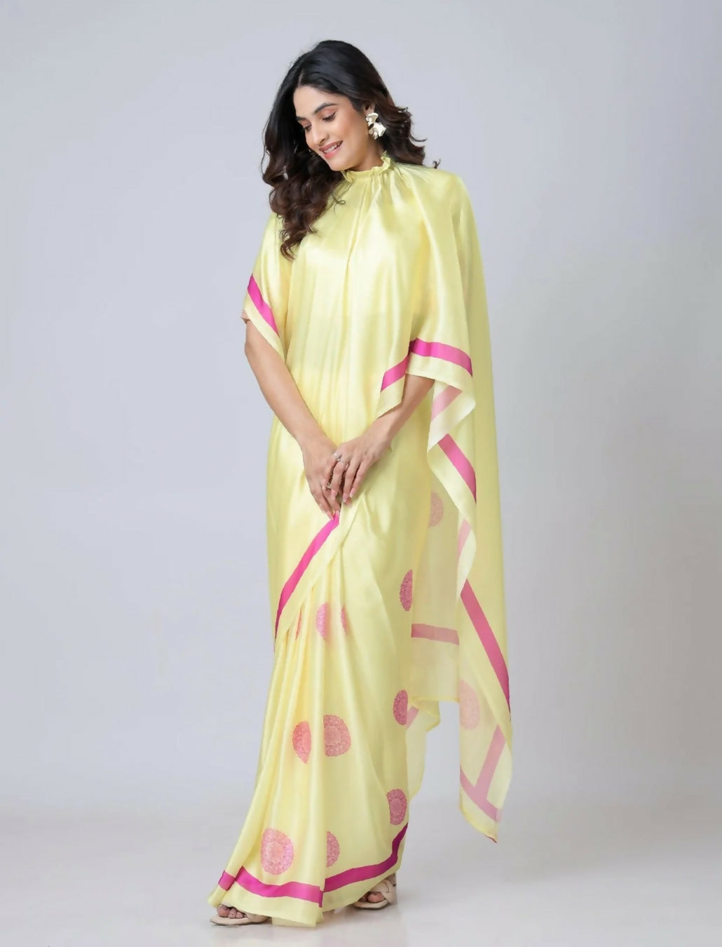 Vastranavya Yellow Mandala Print Free Hand Ready to Wear Saree | Grocsy