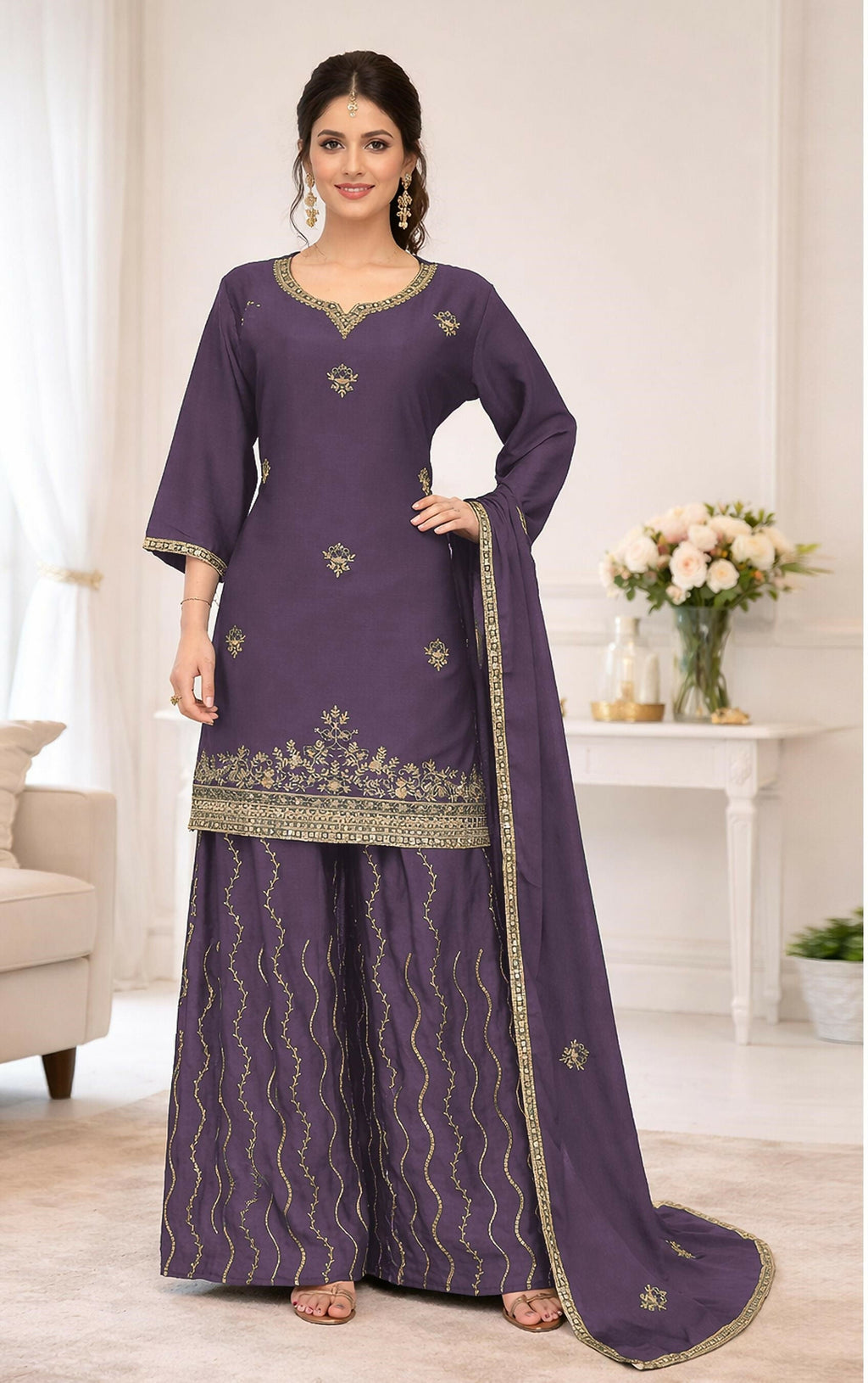 Teeya Creation Onion Color Chinon Silk Heavy Embroidery Work Party Wear Palazzo Set | Grocsy