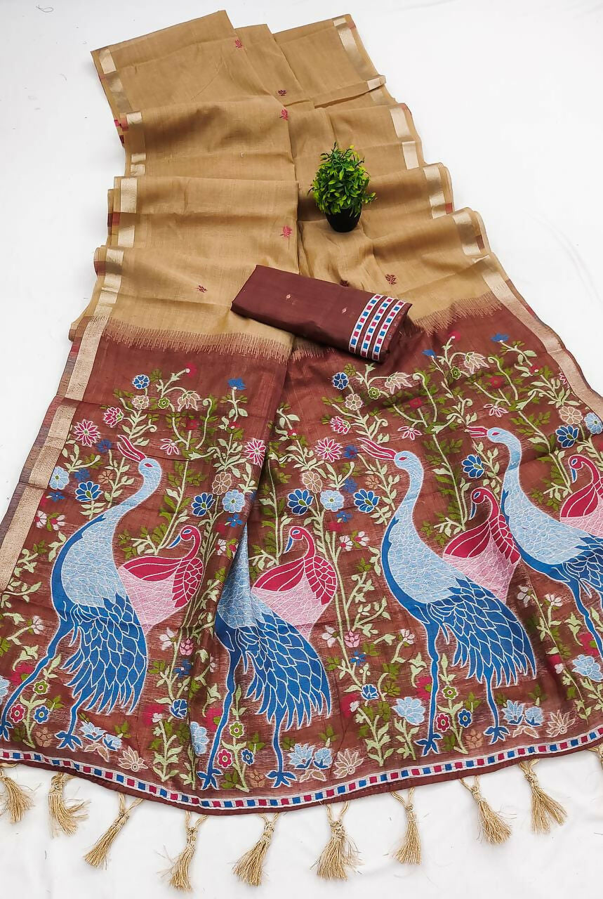 Vastranavya Cream Muga Cotton Meenakari & Azarakh Pallu Saree with Contrast Blouse | Grocsy
