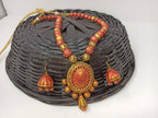 Terracotta Medium Necklace Set With Hangings-Golden Pink | Grocsy