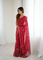 PR Fashion Pink Georgette Patta Plain With Foil Work And Small Lace And Zalar Lace Saree | Grocsy
