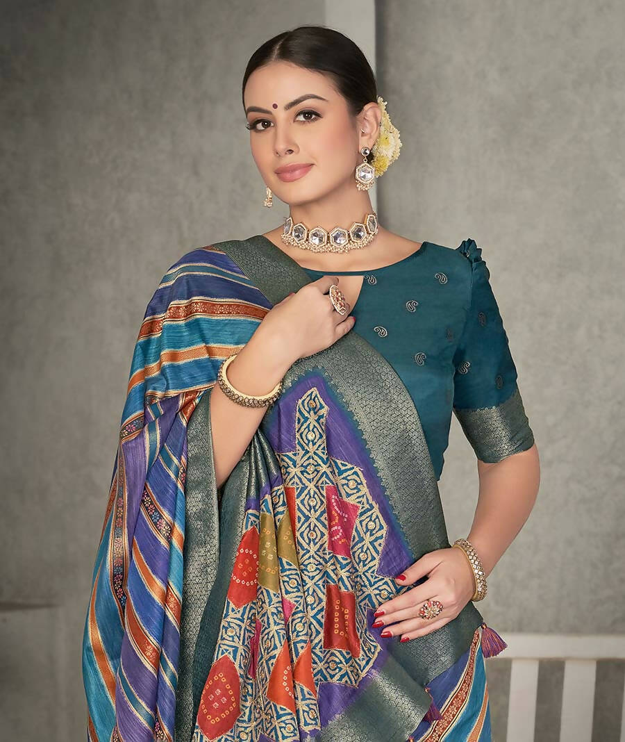 Blue Rangkat Tussar Silk Woven Design Saree with Unstitched Blouse - Mohmanthan Eshani | Grocsy