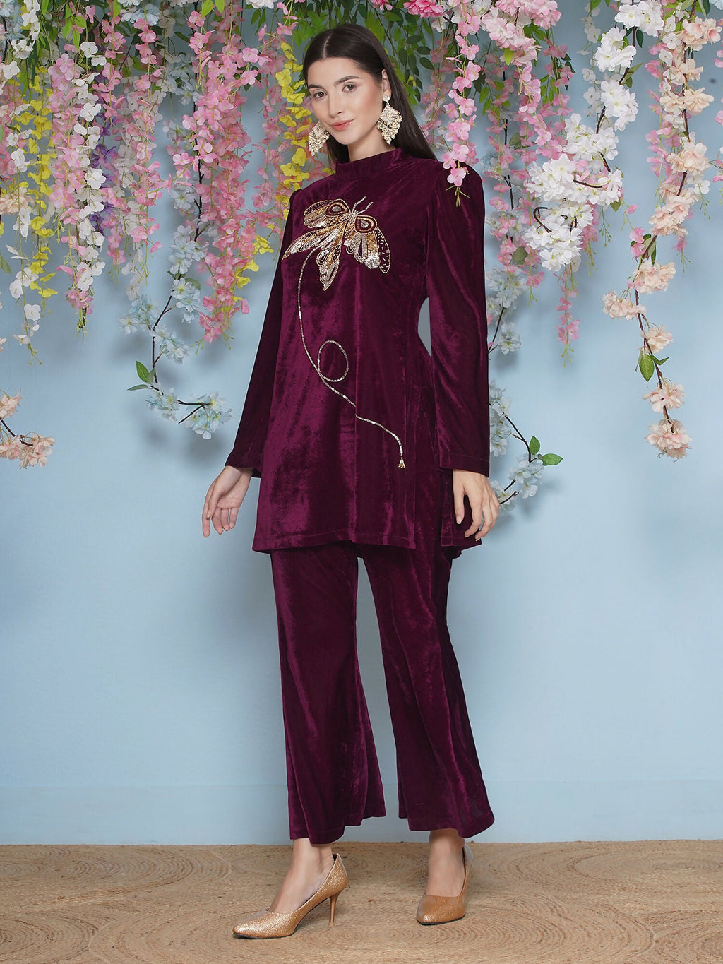 Joban Fashion Wine Velvet Hand Embellished Coord Set | Grocsy