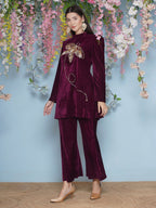Joban Fashion Wine Velvet Hand Embellished Coord Set | Grocsy