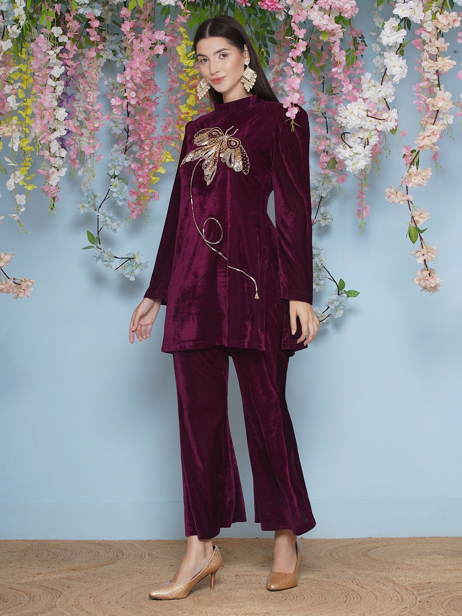 Joban Fashion Wine Velvet Hand Embellished Coord Set | Grocsy