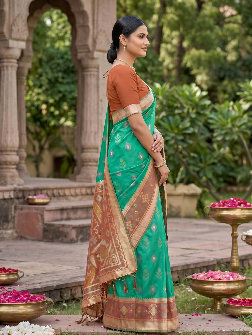 Shree Shyam Fashion Rama Green Soft Silk Saree | Grocsy