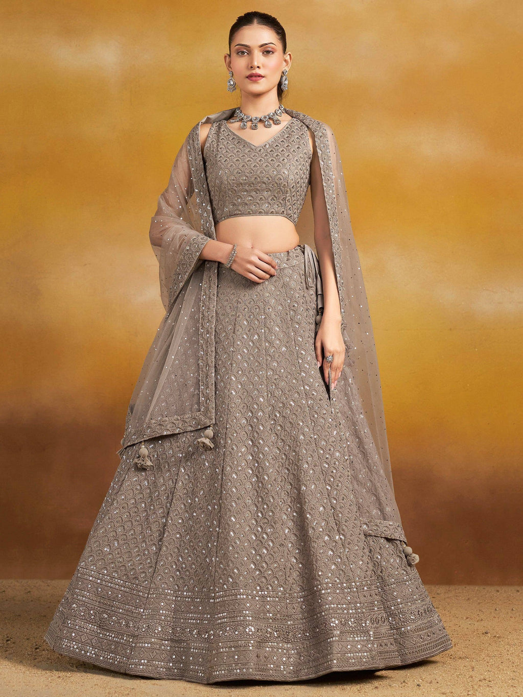 Tulsi Art Monochrome Grey Sequins Georgette Event Wear Lehenga Choli With Dupatta | Grocsy