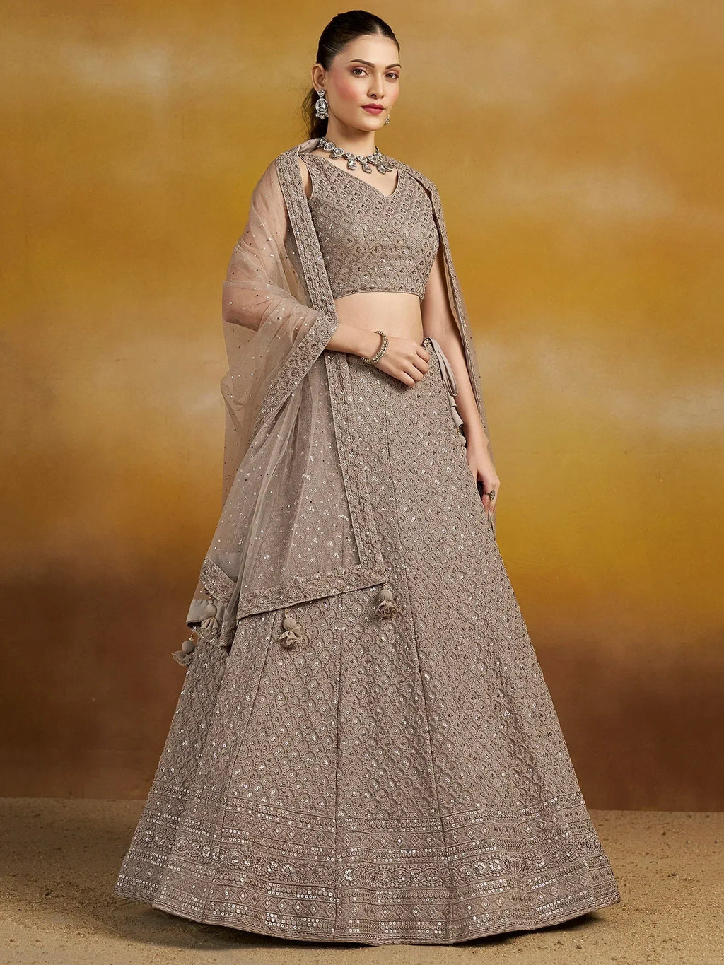 Tulsi Art Monochrome Grey Sequins Georgette Event Wear Lehenga Choli With Dupatta | Grocsy