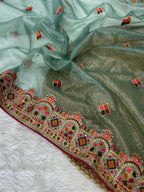 Vastranavya Twill Net Designer Embroidery & Colour Thread & Diamond work Saree with Blouse Material - Sky Blue | Grocsy