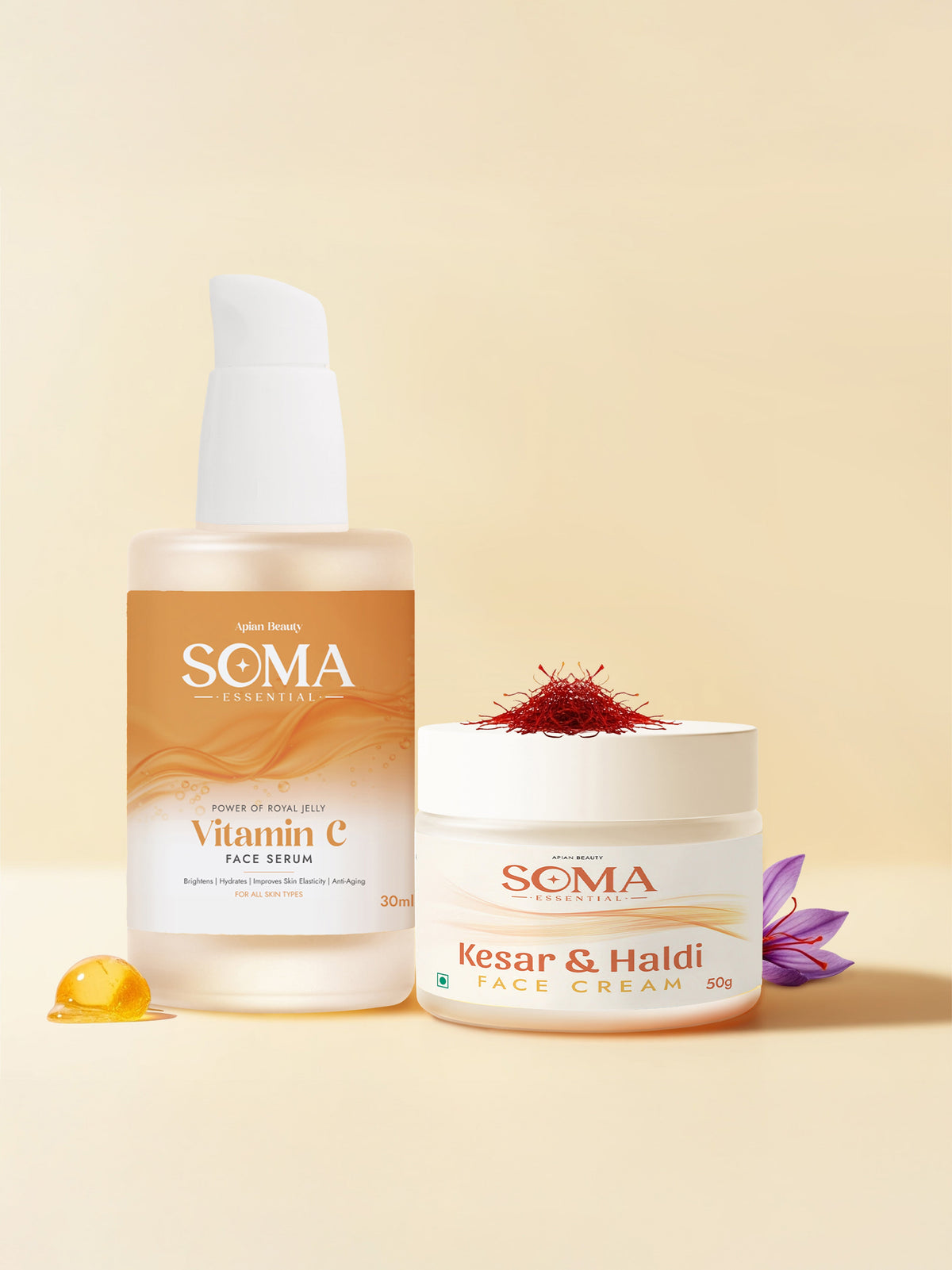 Soma Essential Apian Morning Glow Ritual - Vitamin C Serum + Haldi Kesar Cream | Grocsy