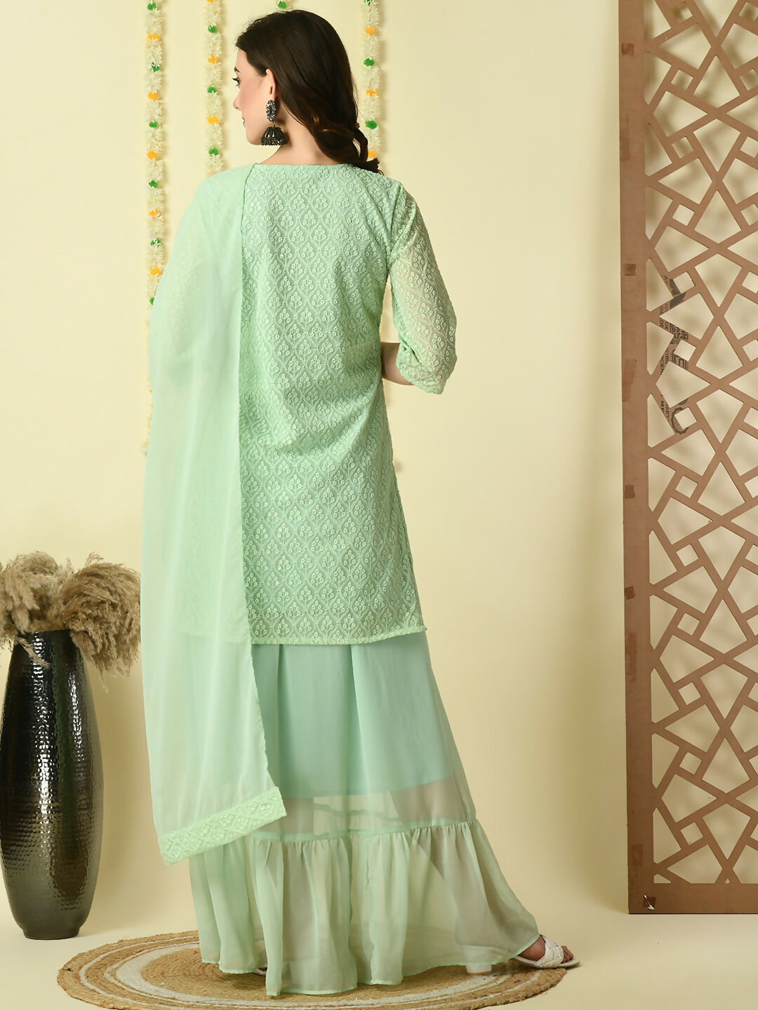 Myshka Women's Green Georgette Kurti & Skirt With Dupatta Party Sets | Grocsy