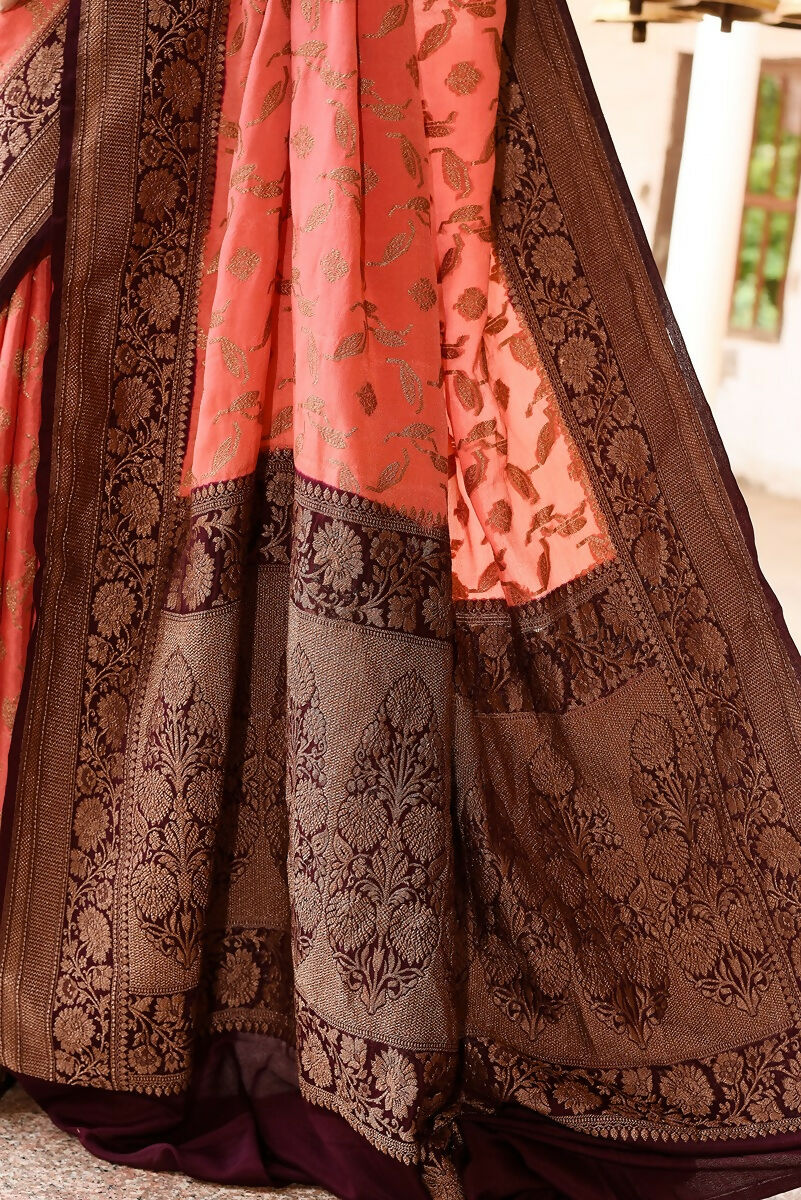 Joban Fashion Coral Crepe Chiffon Pure Handloom Banarasi Silk Saree | Grocsy