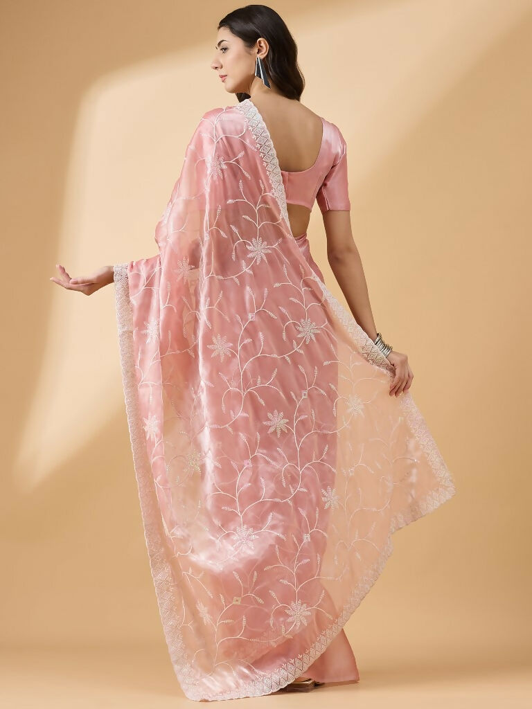 Peach Tissue Slub Embroidered Saree with Unstitched Blouse - Vairagi | Grocsy