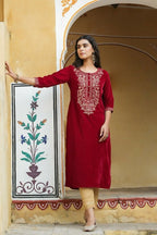 Juniper Maroon Ethnic Motif Printed Velvet Straight Kurta With Zari Work Embroidery | Grocsy