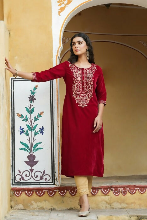 Juniper Maroon Ethnic Motif Printed Velvet Straight Kurta With Zari Work Embroidery | Grocsy