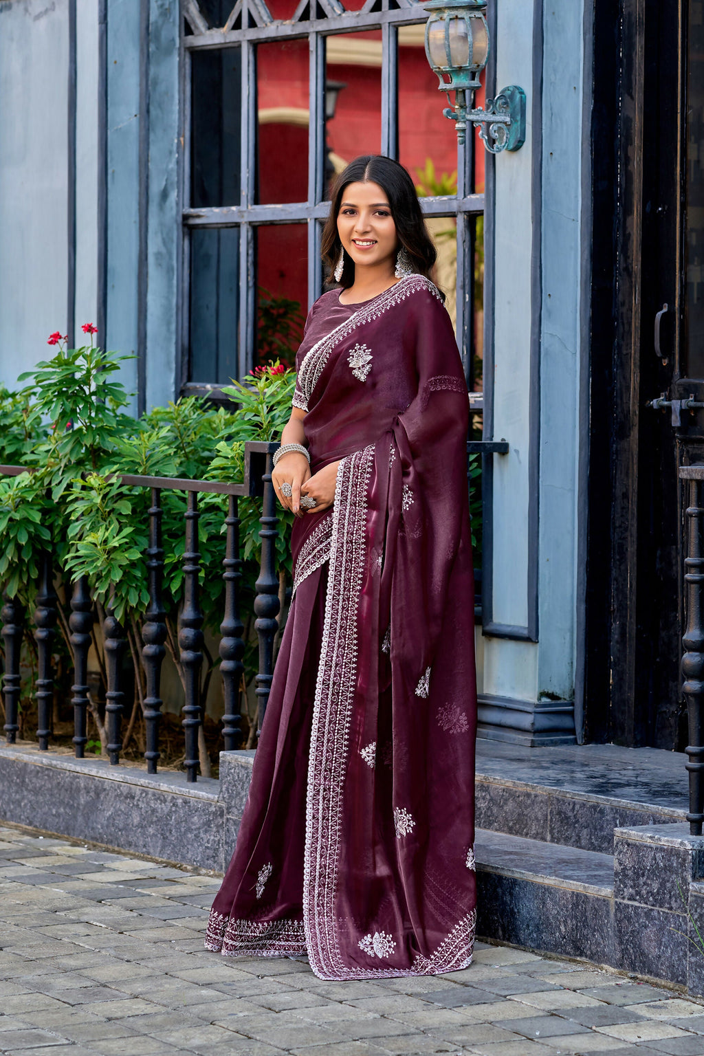 Vastranavya Wine Embroidery Work Shimmer Chiffon Saree with Unstitched Blouse | Grocsy