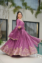 Vastranavya Lavender Chinnon with Embroidery Zari Sequins Work Gown | Grocsy