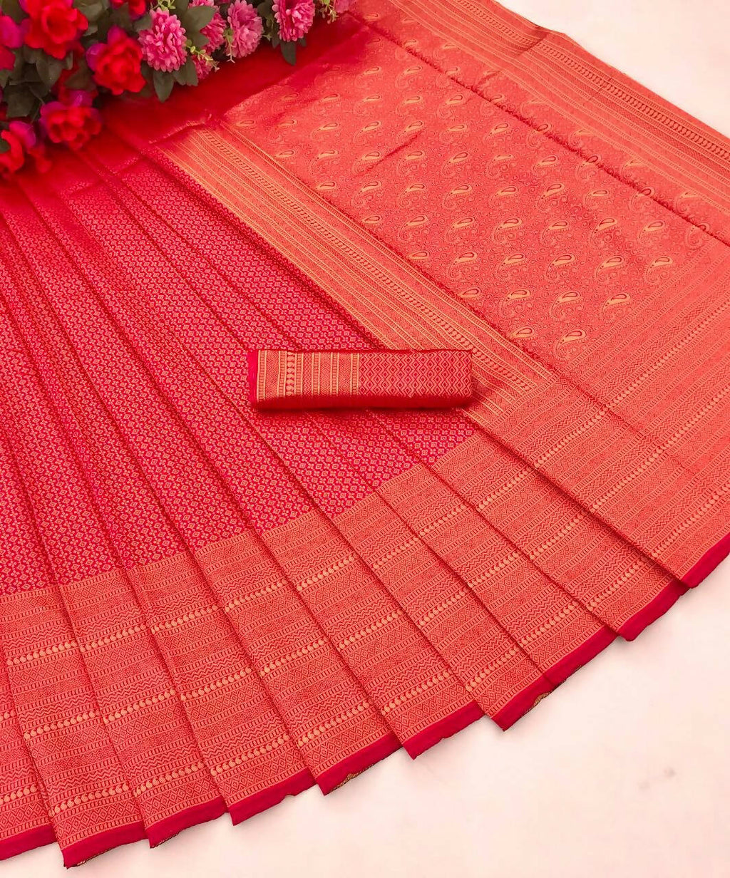 DEIANA'S Beautiful Designer Golden zari Soft Lichi Silk Saree - Red | Grocsy