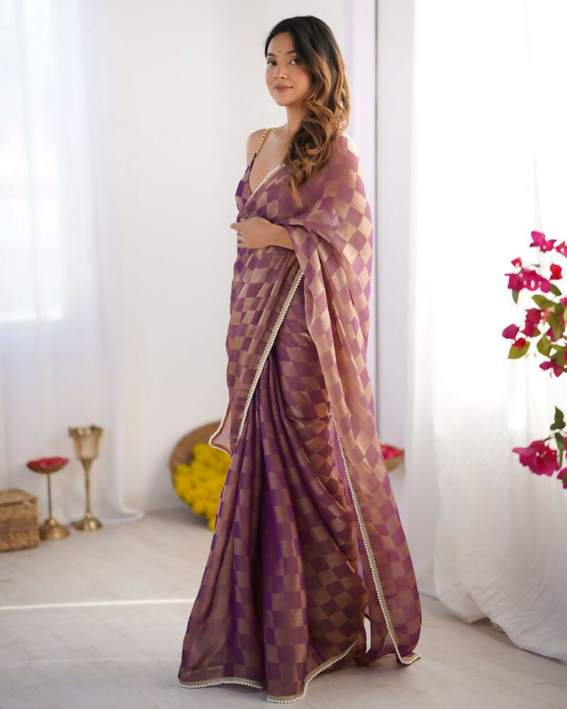 NC Chiffon Chex Wevon Chex Designer, Lace Party Wear Saree - Purple | Grocsy