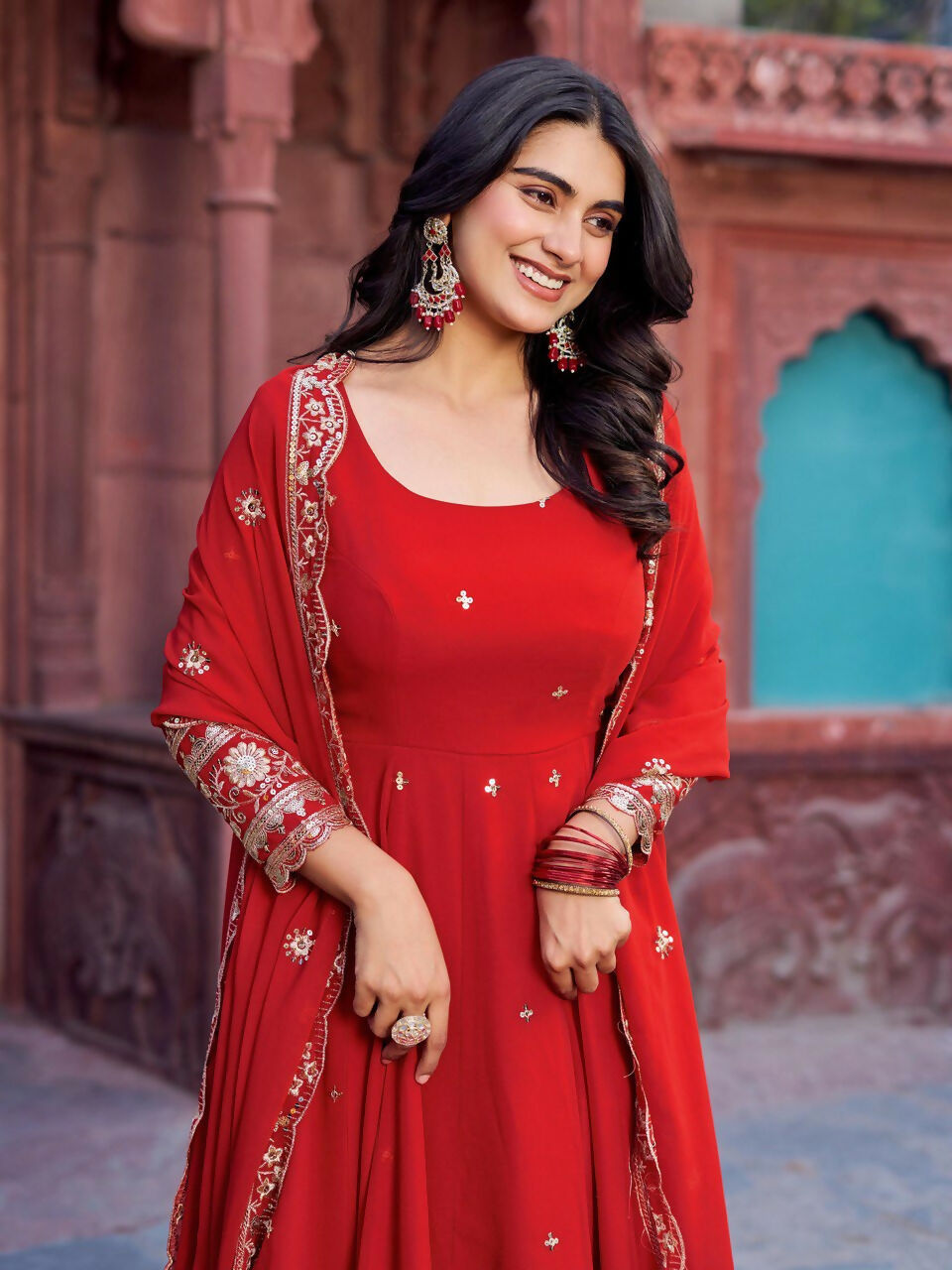The52 Women's Beautiful Faux Georgette Fabric Embroidery Work Flared Anarkali Pant and Dupatta Set | Grocsy