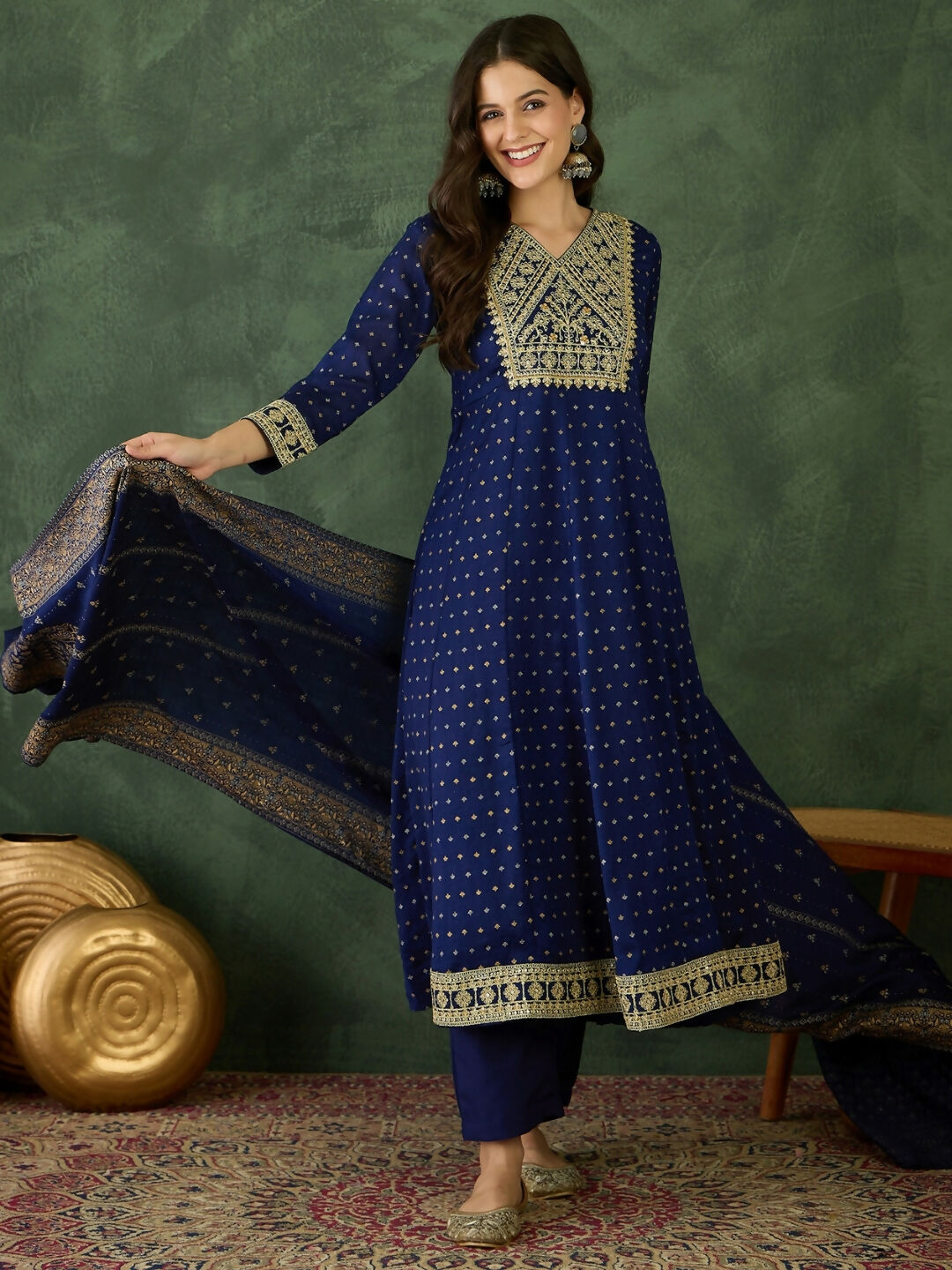 The52 Blue Women's Gorgeous Embroidered Work Vichitra Silk Fabric Flared Kurta Pant and Dupatta Set | Grocsy